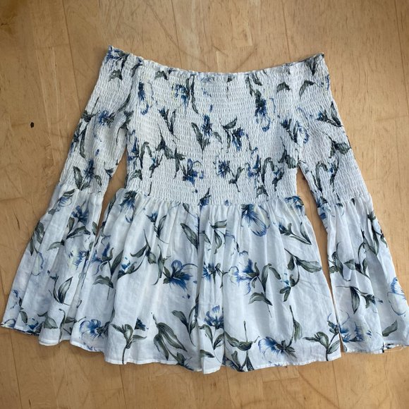 LUCCA White Floral Top with Elastic Shirring, Size M - Picture 3 of 4